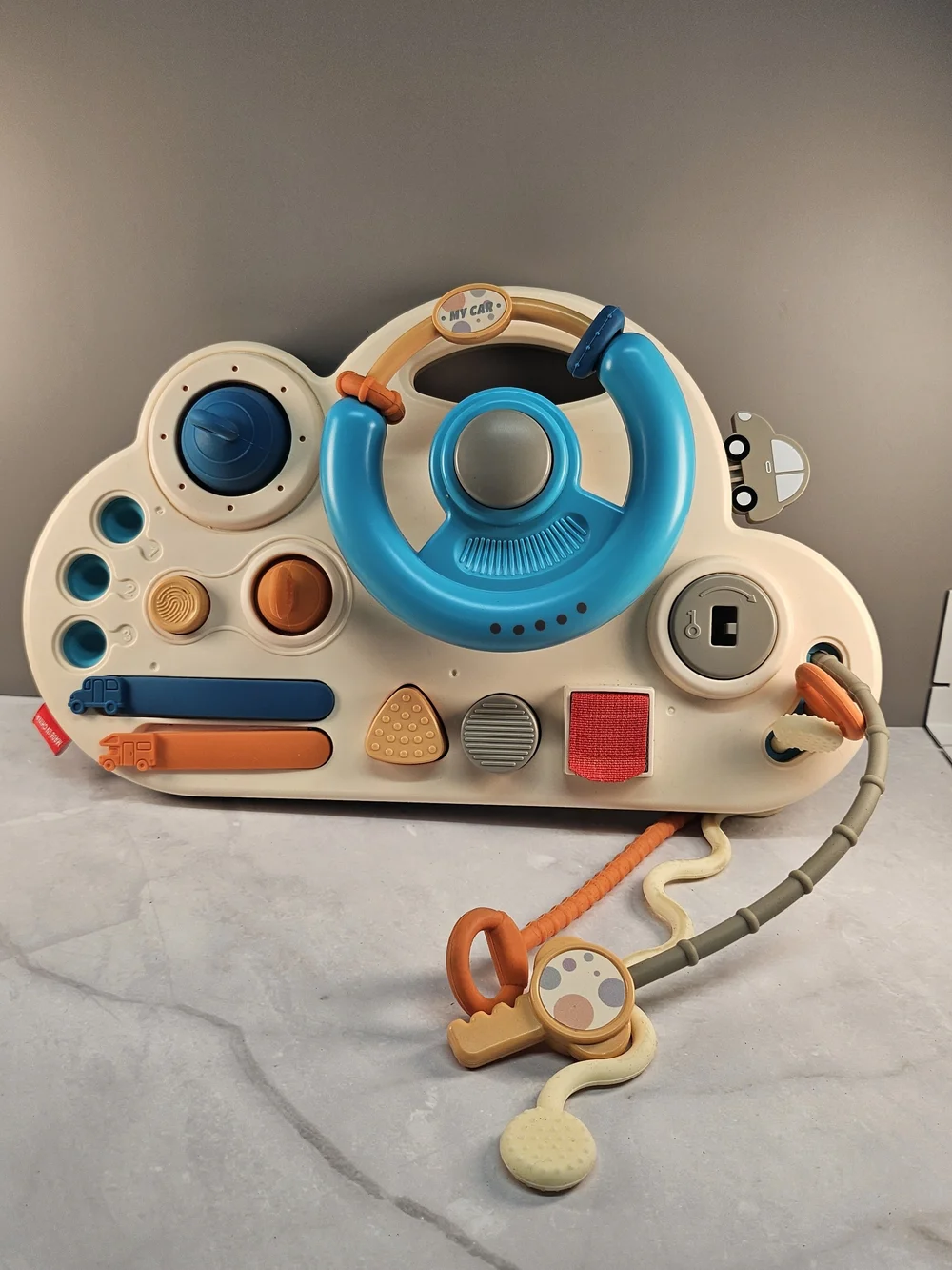 Interactive Kids Steering Wheel Activity Toy in Blue and Cream